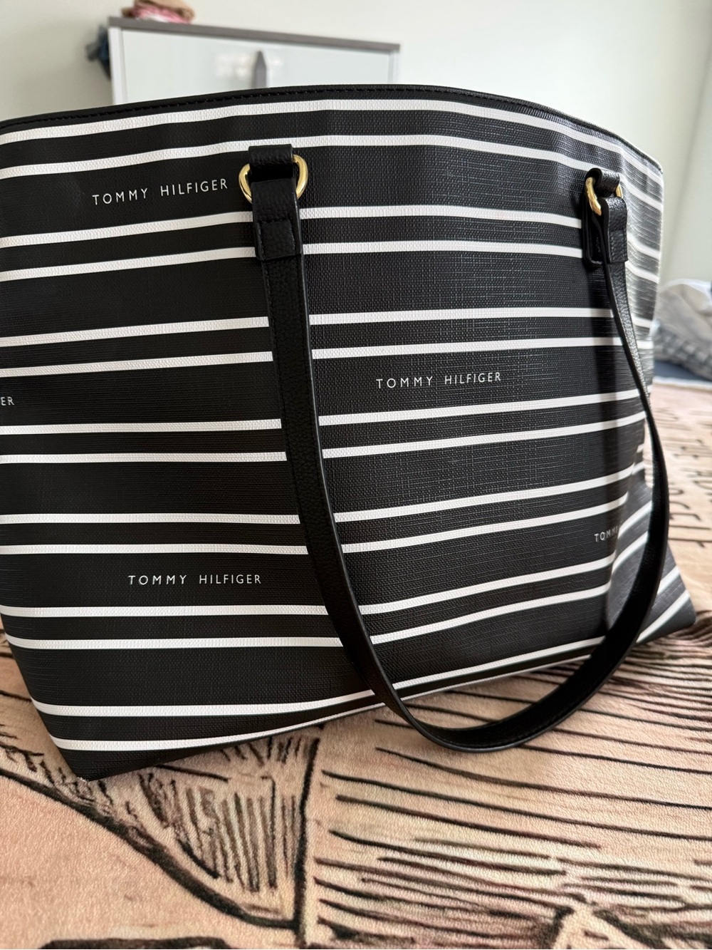 Tommy Hilfiger Black and White Striped Tote with Gold Accents - Picture 2 of 7